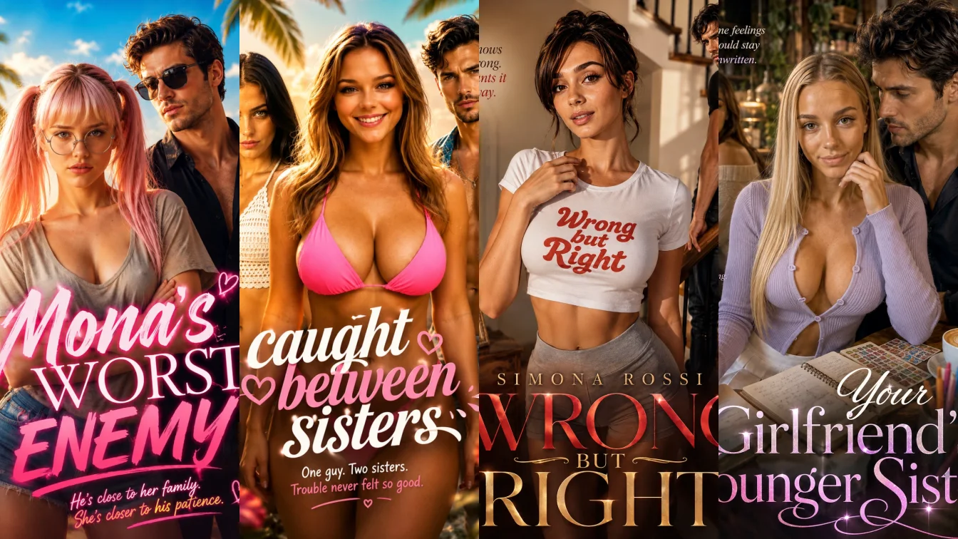 Posters of the long Candy AI Shorts runs: Mona's Worst Enemy, Caught Between Sisters, Simona Rossi: Wrong But Right and Your girlfriend's younger sister