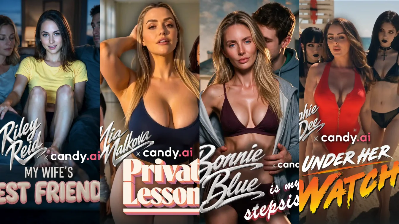 Posters of creator series on Candy AI Shorts: My Wife's Best Friend, Private Lessons, Bonnie Blue is My Stepsister and Under Her Watch