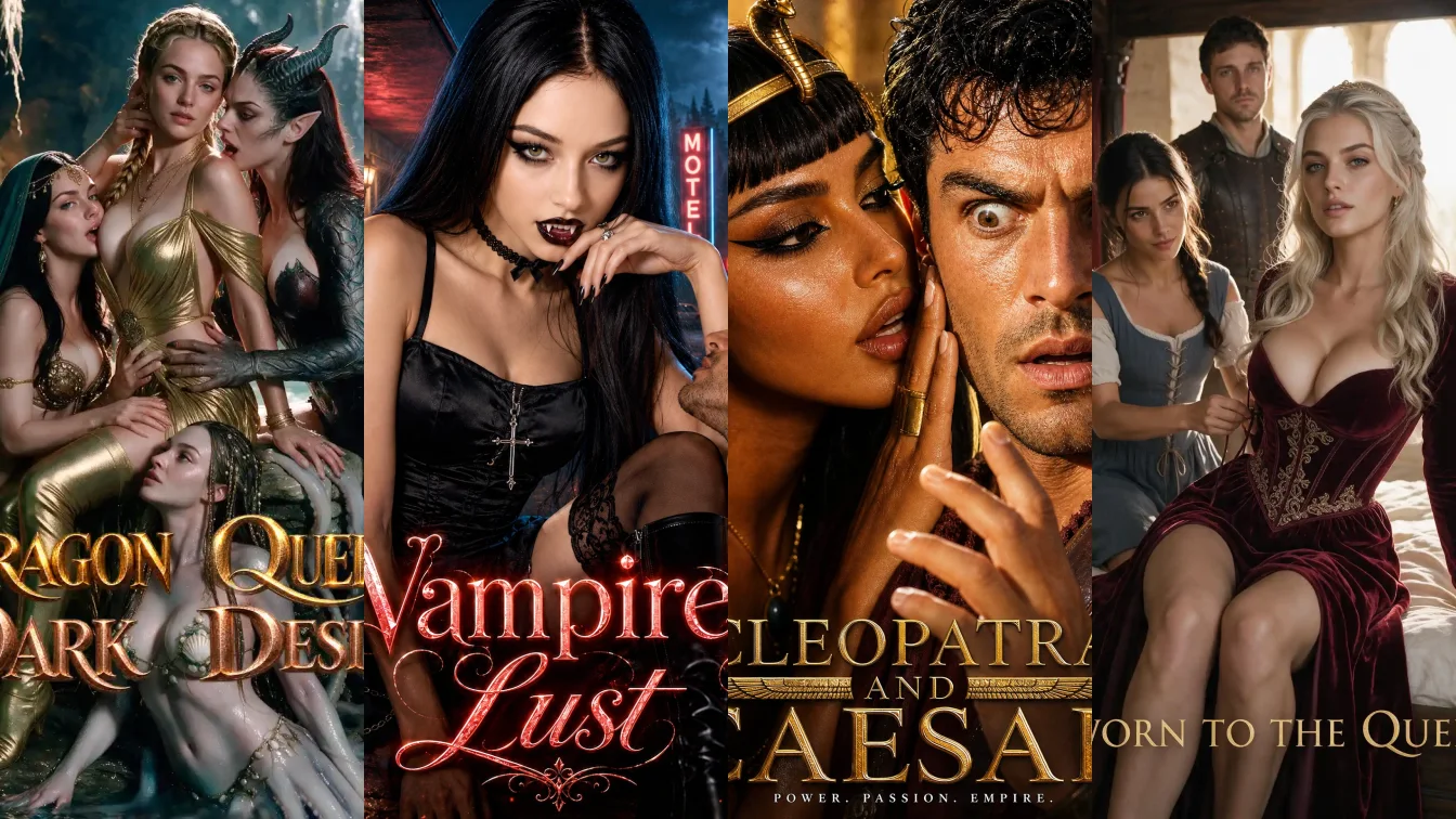 Posters of Dragon Queen's Dark Desire, Vampire's Lust, Cleopatra and Caesar and Sworn to the Queen