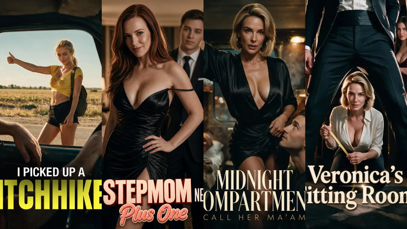 Posters of four of the most explicit Candy AI Shorts: I Picked Up a Hitchhiker, My Stepmom Needs A Plus One, Midnight Compartment and Veronica's Fitting Room